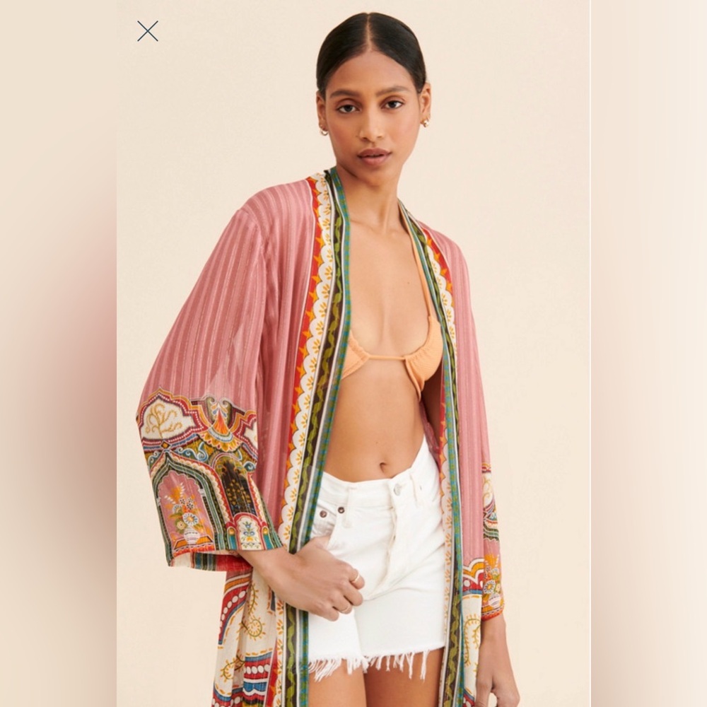 EUC ANTHRO BL^NK Evy Duster Bohemian Pink & Multicolor Kimono Lurex Gold Thread